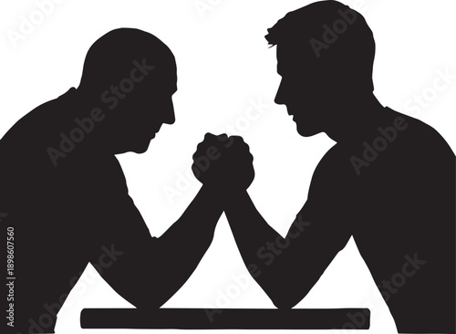 Old man and young man doing arm wrestling  in black and white silhouette with transparent background 