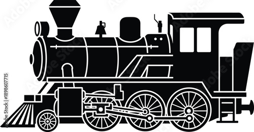 Vintage steam locomotive silhouette illustration featuring classic railway engine with detailed wheels and mechanical elements isolated on white background vector design