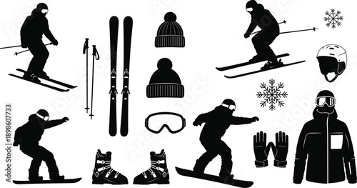 Winter sports silhouette set featuring skiing snowboarding athletes and cold weather gear isolated on white background vector illustration