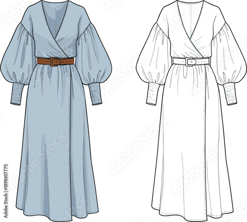 Women wrap maxi dress vector illustration, long sleeve belted dress in color and outline, elegant fashion apparel design template
