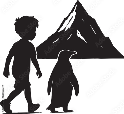 A penguin and a boy walk alone to the mountains  in black and white silhouette with transparent background 