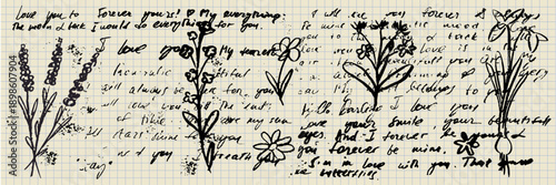 Vector romantic handwriting scribble. Wedding calligraphy ink retro letter decoration. Vintage written background, diary handwriting. Pen abstract texture calligraphy document, retro grunge paper note