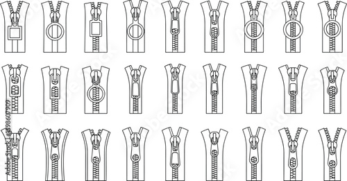 Zipper puller line drawing vector set, assorted clothing zipper sliders outlines, sewing tailoring fastener accessories technical illustration isolated white background