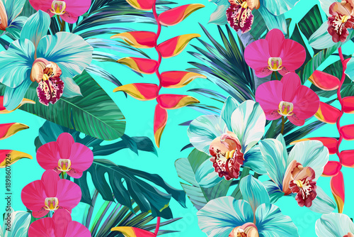 Seamless tropical pattern with flowers, plants. Paradise background, Hawaiian pattern.