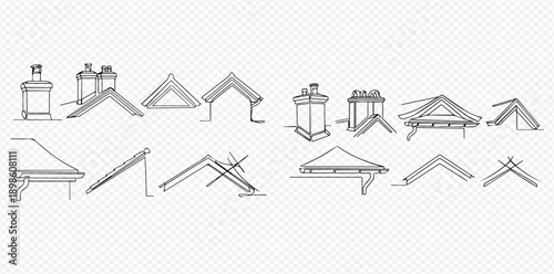Set of various roof construction elements and chimney designs in line art style.