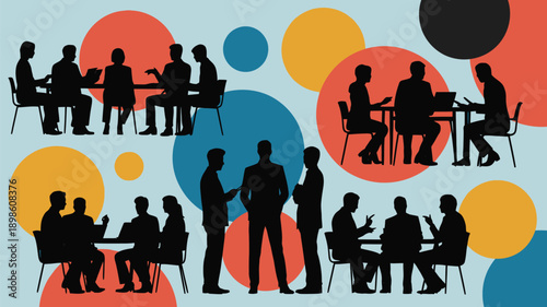 Business professionals engaged in meetings and discussions in modern office