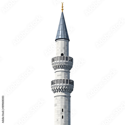 Majestic white stone minaret with blue spire and gold finial