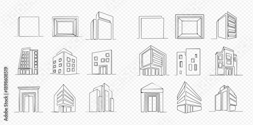 Set of various modern building line art icons for architectural and urban design concepts.
