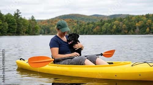 Peaceful Kayak Ride: Woman and Her Black Dog Enjoying a Serene Lake Amidst Autumn Foliage