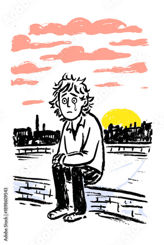 Melancholic Youth Watching Sunset Alone