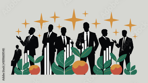Businessmen standing with bar graphs and fruit plants around them