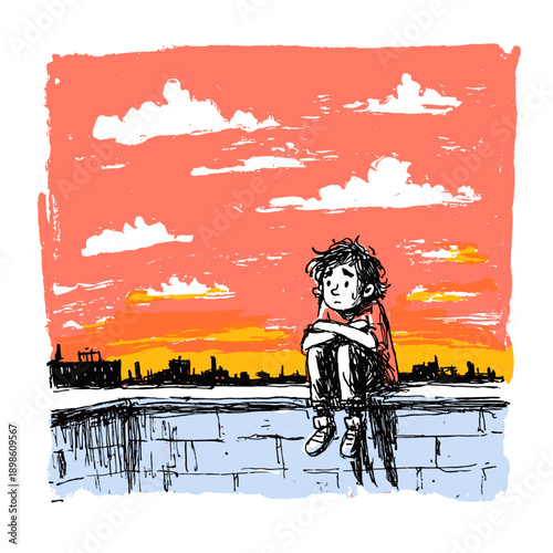 Melancholic Youth Watching Sunset Alone