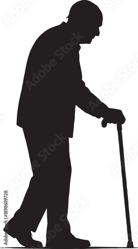 An old man stand with help of stick  in black and white silhouette with transparent background 