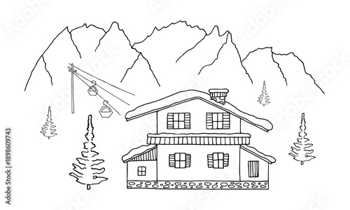 Alpine chalet cabin house in ski resort in Dolomite mountains. Winter holiday season. Travel destination European Alps.