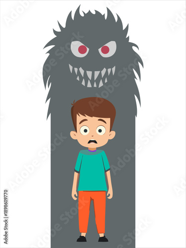 Boy afraid ghost shadow flat illustration