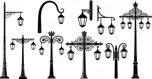 Variety of Black Silhouette Ornate Lampposts and Streetlights on White Background Keywords: lamppost, streetlight, vintage