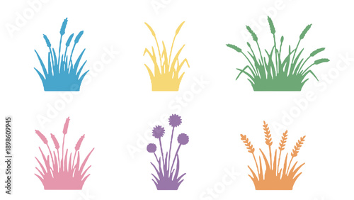 A colorful illustration of various grass and flower silhouettes on a white background