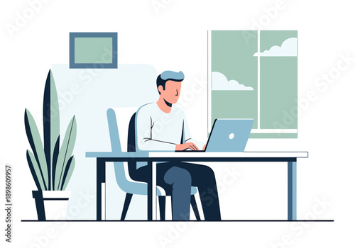 Man Working Remotely From Home Office Desk Typing on Laptop Near Window With Plant