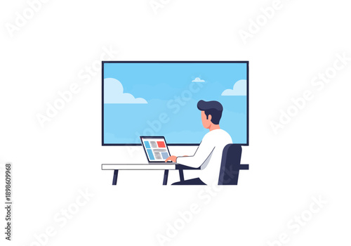 Man Working on Laptop Computer in Front of Large Screen Displaying Web Content and Cloudy Sky Background With Desk and Chair