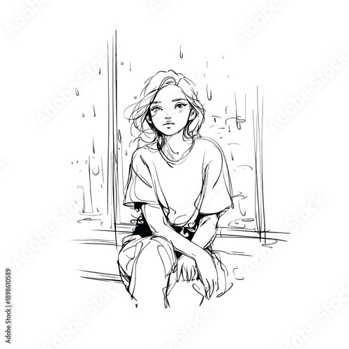 Melancholy Woman by Rainy Window