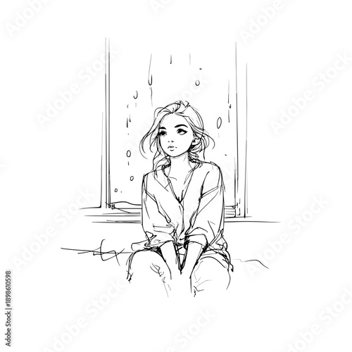 Melancholy Woman by Rainy Window