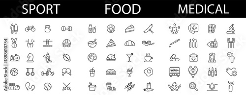Sport and fitness icons. Medicine and Health icon. Food and drink