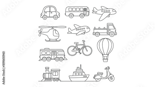 Transportation Sketches: A collection of simple, black-and-white sketches illustrating various modes of transportation. 