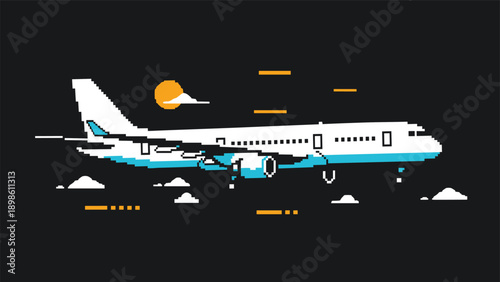 Pixel art style passenger airplane flying across a dark night sky with a yellow moon and fluffy white clouds in the distance.