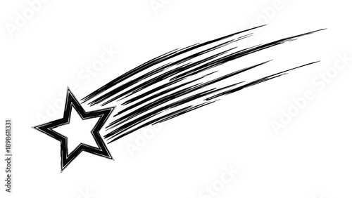 Stylized black and white sketch of a fast moving shooting star with long trailing lines representing speed and motion.