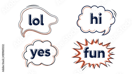 Set of four comic style speech bubbles containing text like lol, hi, yes, and fun with colorful outlines on a white background.