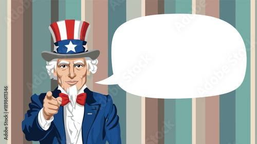 Iconic Uncle Sam figure pointing forward with a large blank speech bubble for custom text over a striped vintage background.