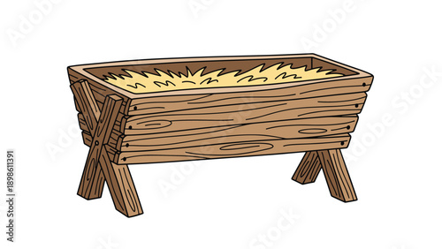 Simple wooden manger filled with soft yellow hay, symbolizing the nativity scene and the birth of Jesus on a white background.