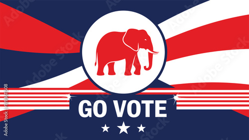 Political poster with an elephant silhouette encourages citizens to go vote in the upcoming election on a patriotic striped background.