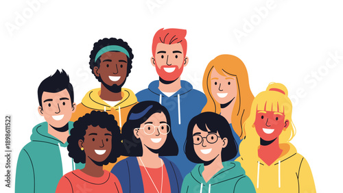 Group of diverse young men and women stand together smiling to represent friendship, community, and multicultural unity in a flat design.