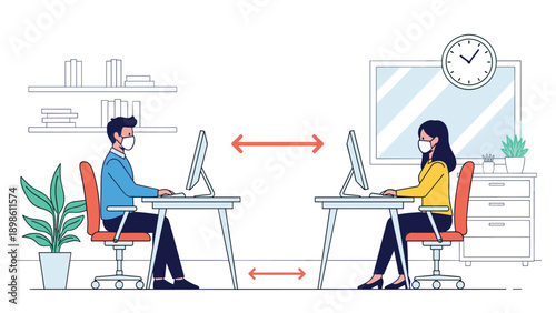 Office workers at desks with computers maintain social distancing and wear masks to prevent the spread of illness in the workplace.