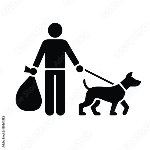 A black silhouette icon showing a person walking a dog on a leash and holding a waste bag, symbolizing responsible pet ownership and dog waste cleanup.