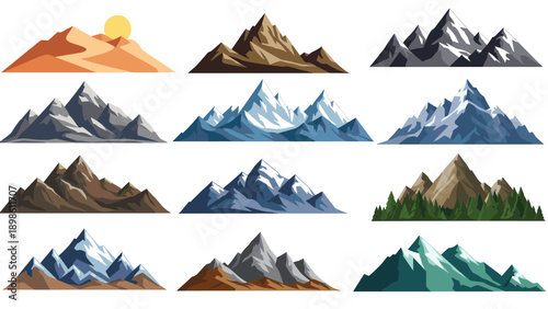 Collection of various mountain landscape styles including snow-capped peaks, desert dunes, and forest hills for nature-themed design projects.