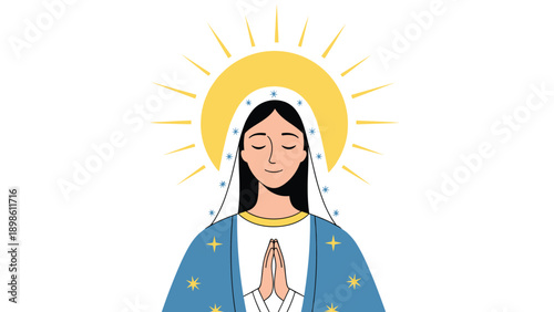 Religious illustration of the Virgin Mary praying with her eyes closed and a golden halo representing peace, faith, and spiritual devotion.