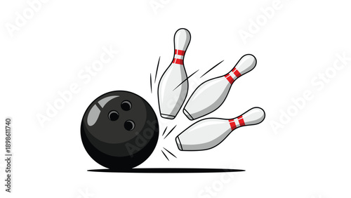 Heavy black bowling ball collides with three white pins on a dark lane surface causing them to fly in various directions for a strike.