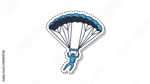 Sticker of a skydiver in a blue suit descending with a blue and black parachute is shown with a dashed outline for crafts and decoration.