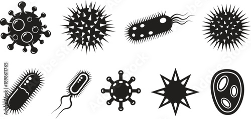 Black virus and bacteria icons set for medical use