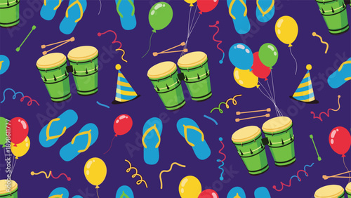 Seamless pattern featuring festive party elements like drums, balloons, hats, and flip flops on a vibrant purple background for celebrations.
