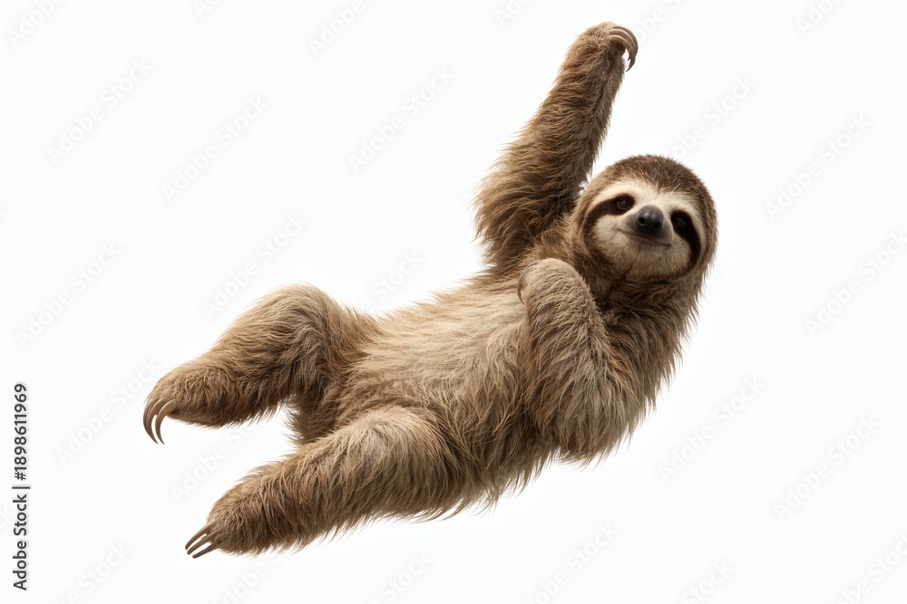 Naklejka premium Sloth Hanging Diagonally Isolated on White Background, Full Body, Natural Anatomy, Soft Light Stock Photo