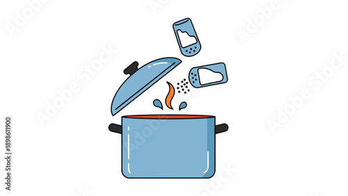 Cooking process illustration with a blue pot on a stove being seasoned with salt and pepper from shakers for kitchen and recipe themes.