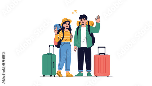 Young couple of tourists with large backpacks and rolling suitcases waving goodbye for a new travel adventure or vacation trip.