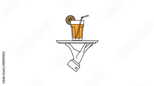 Human hand in a white cuff holding a silver tray with a glass of fresh orange juice and a straw for service and hospitality.