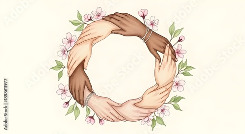  Diverse interlocked hands surrounded by spring blossoms for solidarity.