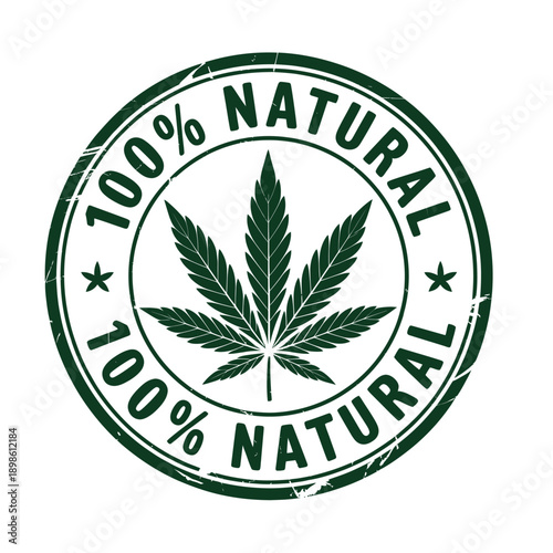 Green circular 100% natural stamp with a cannabis leaf in the center, featuring a distressed texture.