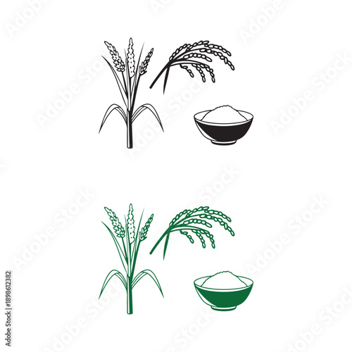 Rice Plant, Grains, and Flour Line Art Icons Collection