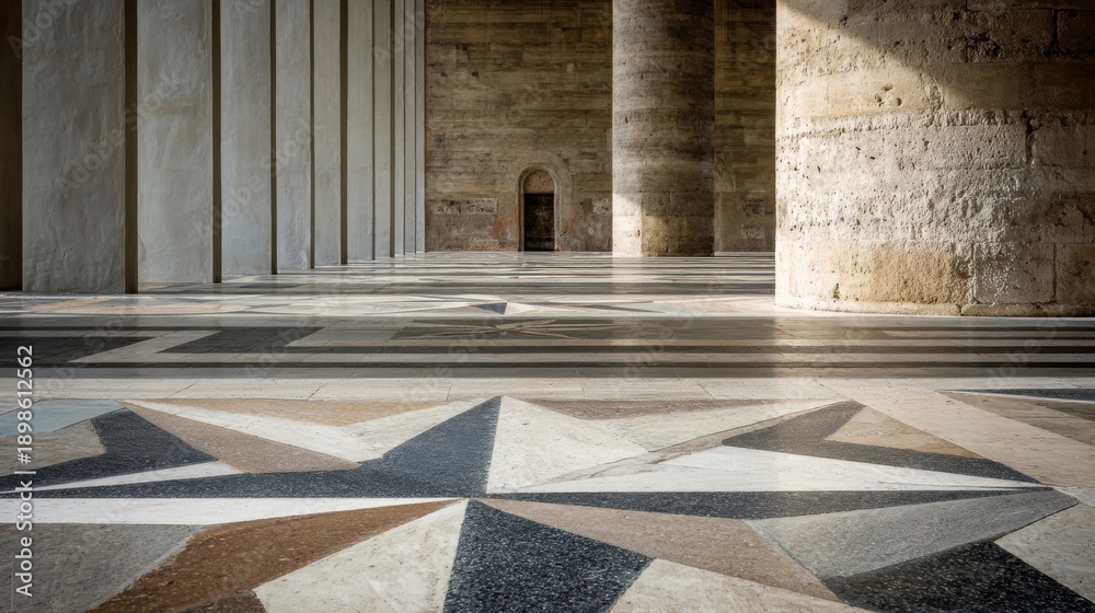 Fototapeta premium Polished Stone Floor with Intricate Geometric Inlays and Architectural Columns Casting Shadows